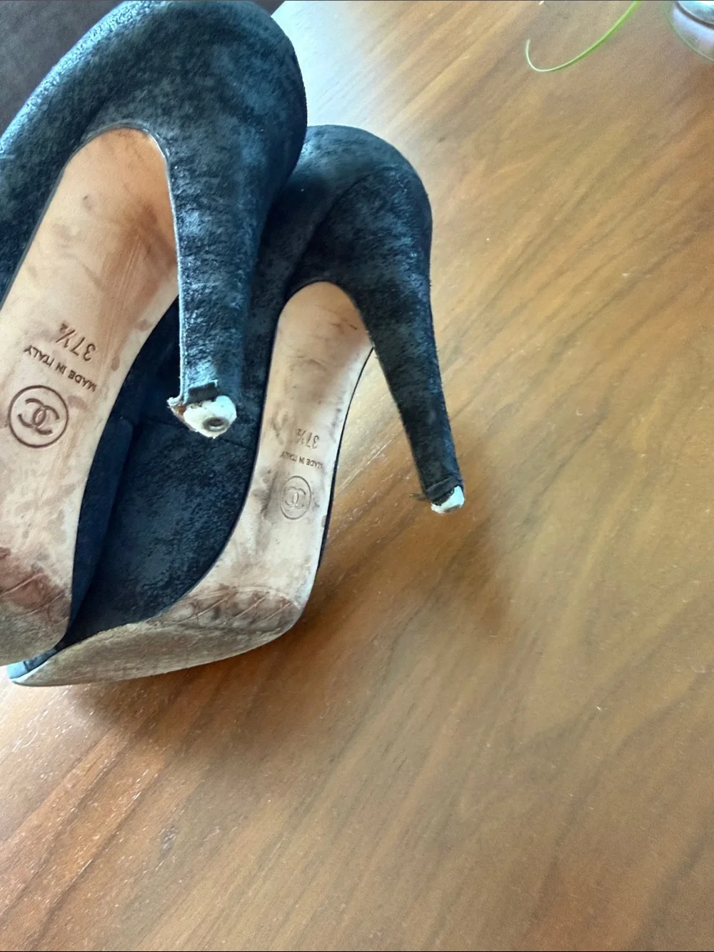 CHANEL Black Suede with Leather Cap Toe Pointed Pumps